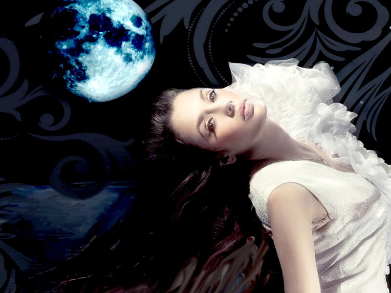 Woman in White Dress — Dramatic, Night, Digital Art, Moon, Dark Background
