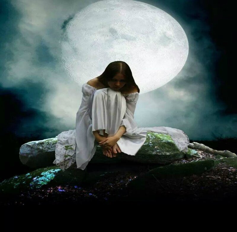 Woman in White Dress — Dramatic, Night, Digital Art, Moon, Rocks