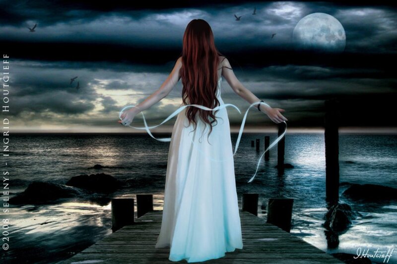 Woman in White Dress — Dramatic, Night, Digital Art, Moon, Sea