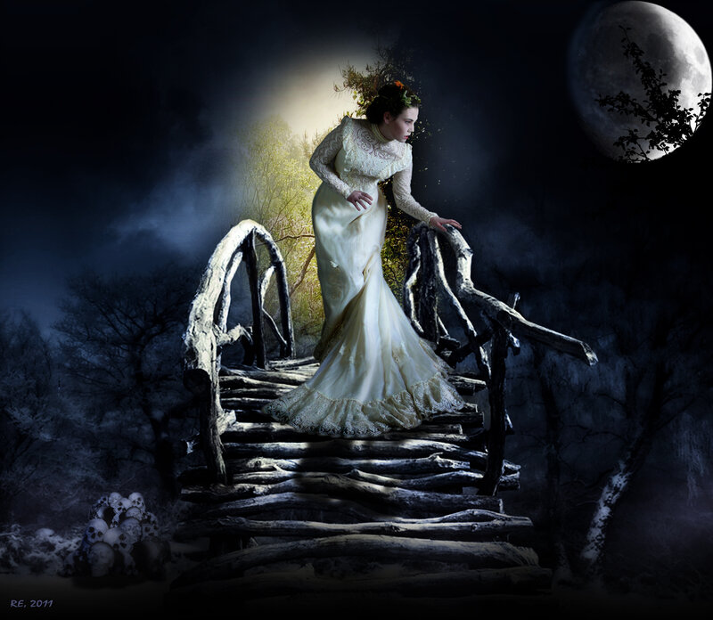 Woman in White Dress — Dramatic, Night, Digital Art, Moon, Skulls