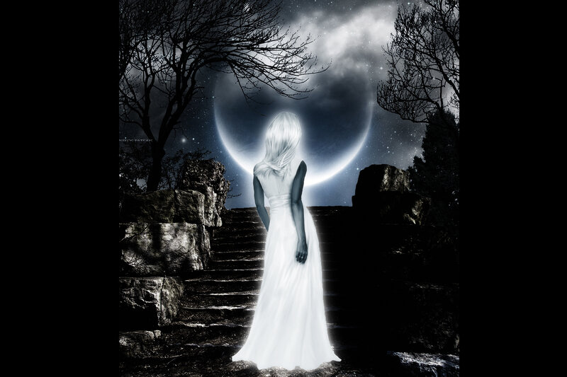 Woman in White Dress — Dramatic, Night, Digital Art, Moon, Stairs