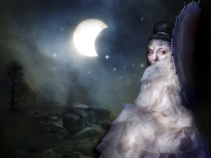 Woman in White Dress — Dramatic, Night, Digital Art, Moon, Stars, Tree