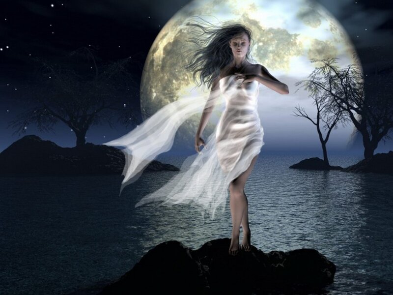 Woman in White Dress — Dramatic, Night, Digital Art, Moon, Water