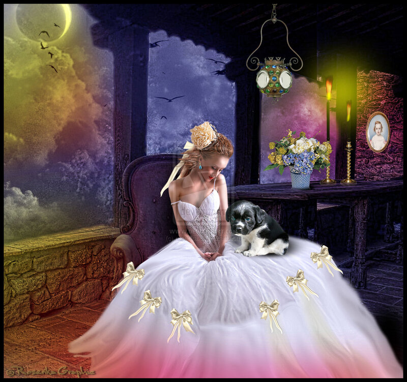Woman in White Dress — Dramatic, Night, Digital Art, Puppy