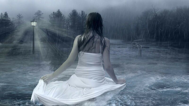 Woman in White Dress — Dramatic, Night, Digital Art, Rain, Lamp Post