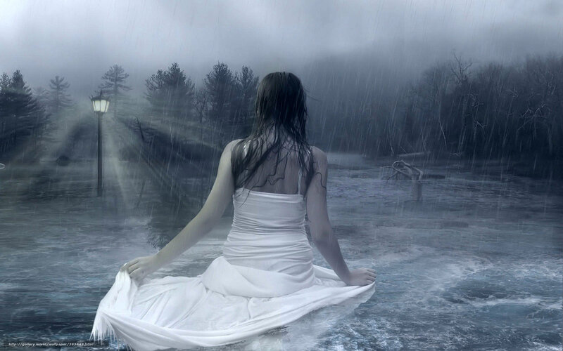 Woman in White Dress — Dramatic, Night, Digital Art, Rain, Lamp Post, Trees