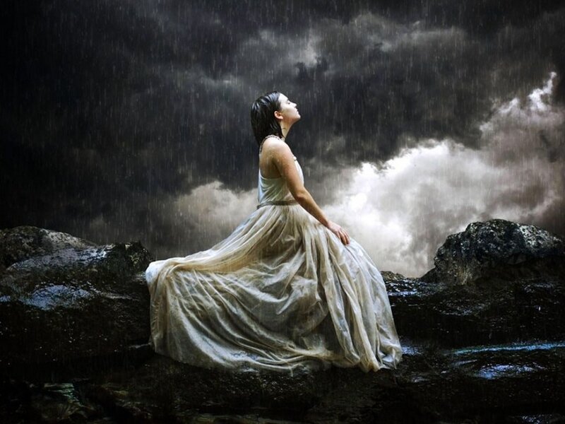 Woman in White Dress — Dramatic, Night, Digital Art, Rain, Rocks