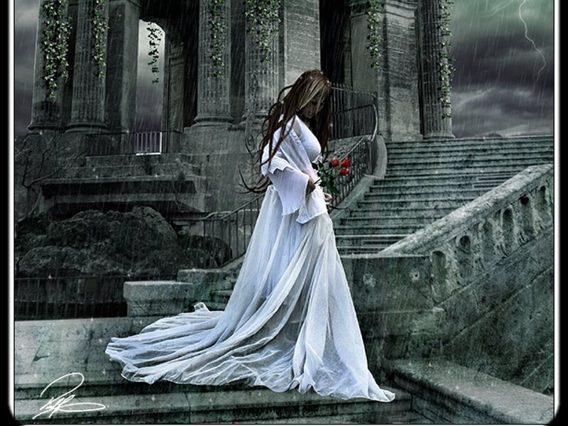 Woman in White Dress — Dramatic, Night, Digital Art, Red Roses