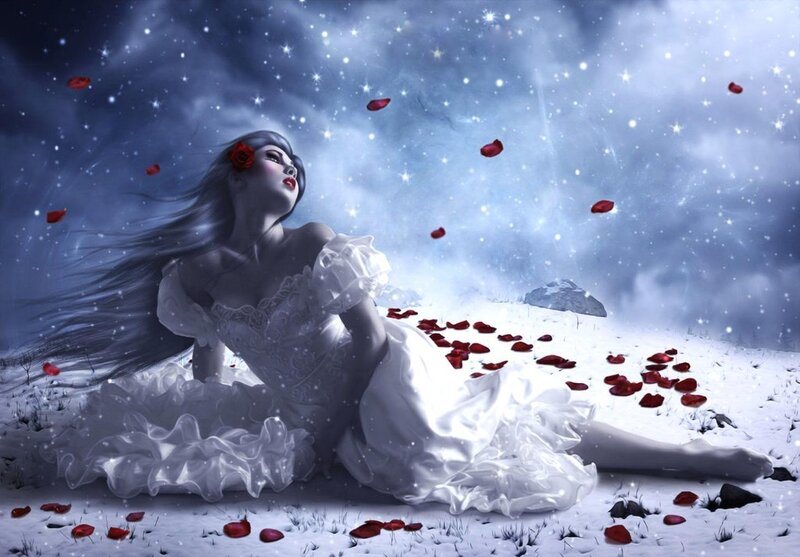 Woman in White Dress — Dramatic, Night, Digital Art, Rose Petals