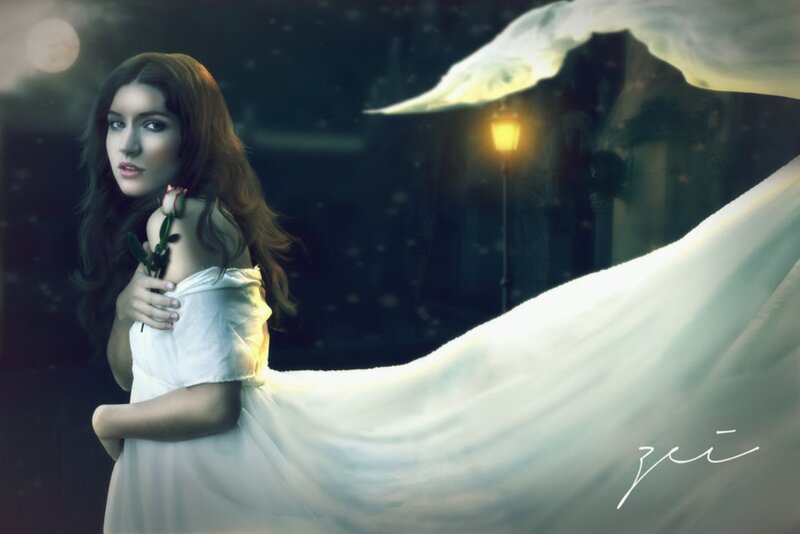 Woman in White Dress — Dramatic, Night, Digital Art, Rose, Street Lamp