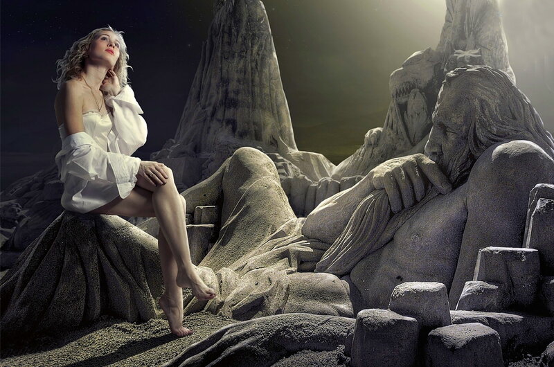 Woman in White Dress — Dramatic, Night, Digital Art, Sand Sculpture