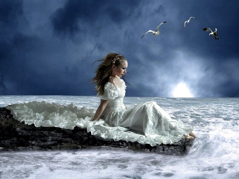 Woman in White Dress — Dramatic, Night, Digital Art, Seagulls
