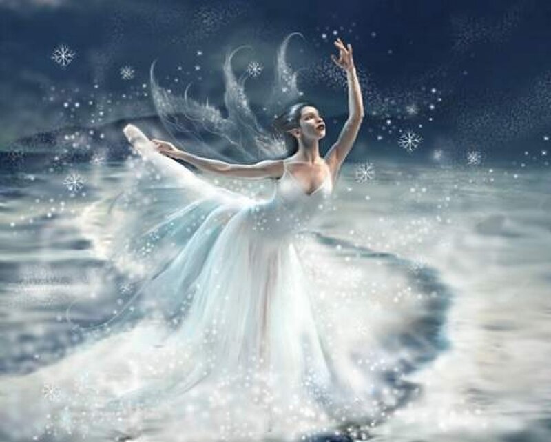 Woman in White Dress — Dramatic, Night, Digital Art, Snowflakes