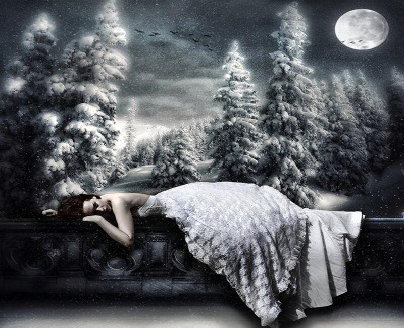 Woman in White Dress — Dramatic, Night, Digital Art, Snowy Trees