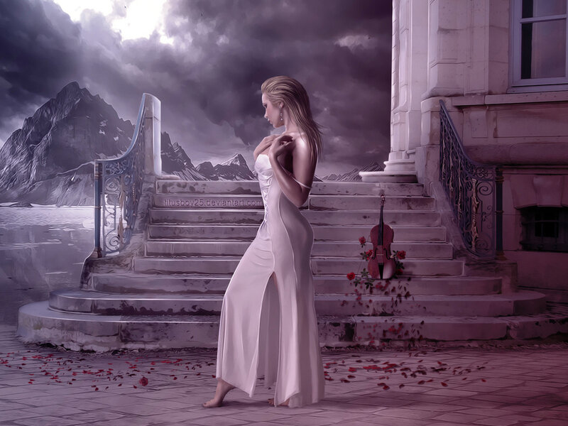 Woman in White Dress — Dramatic, Night, Digital Art, Stairs