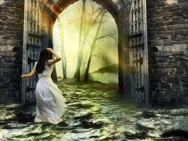 Woman in White Dress — Dramatic, Night, Digital Art, Stone Archway