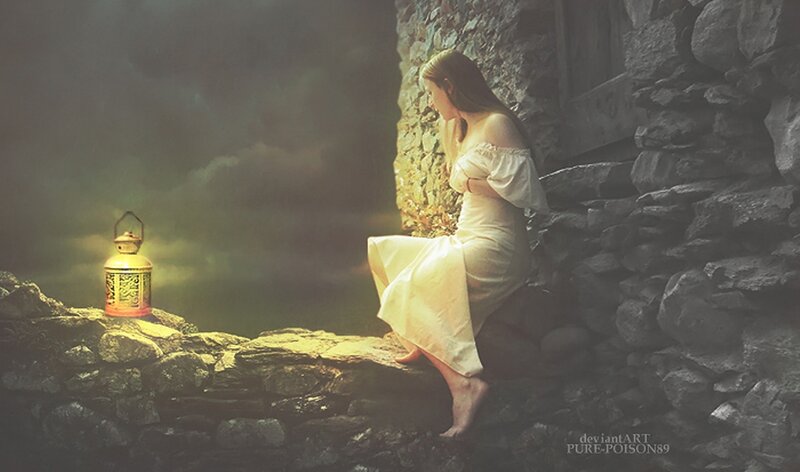 Woman in White Dress — Dramatic, Night, Digital Art, Stone Wall, Lantern
