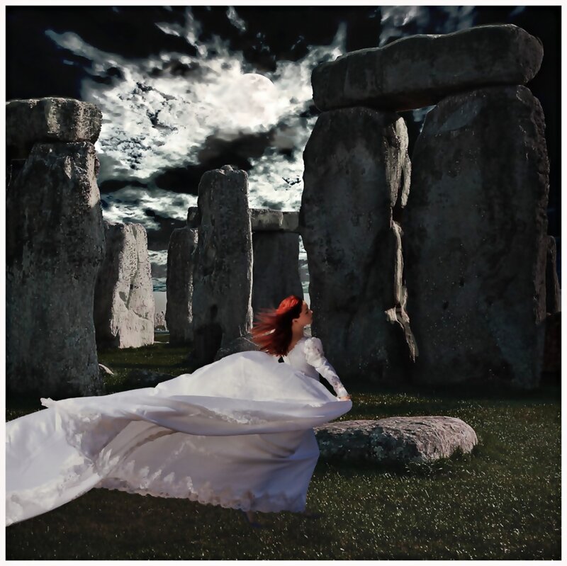 Woman in White Dress — Dramatic, Night, Digital Art, Stonehenge