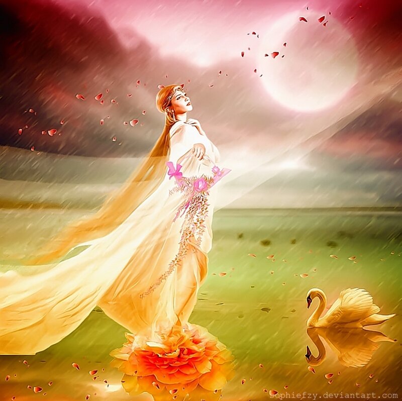 Woman in White Dress — Dramatic, Night, Digital Art, Swan