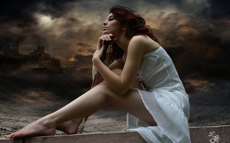 Woman in White Dress — Dramatic, Night, Digital Art, Sword