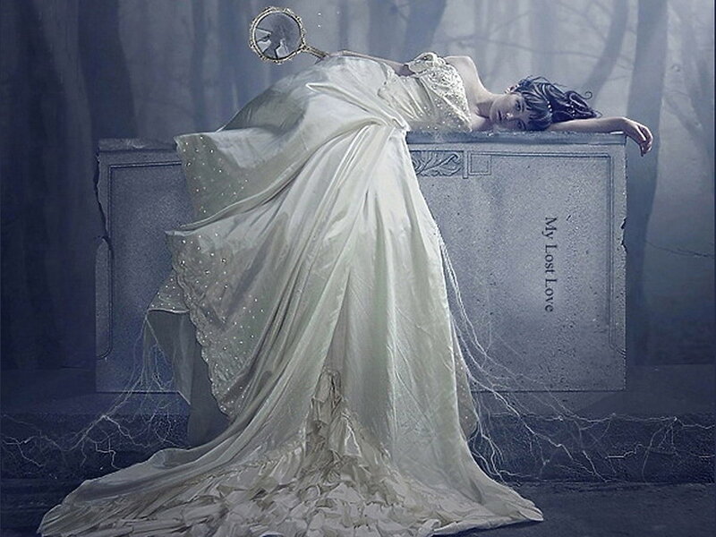 Woman in White Dress — Dramatic, Night, Digital Art, Tombstone