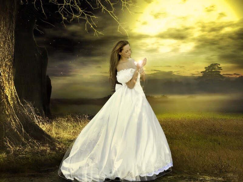 Woman in White Dress — Dramatic, Night, Digital Art, Tree, Moon, Field, Yellow