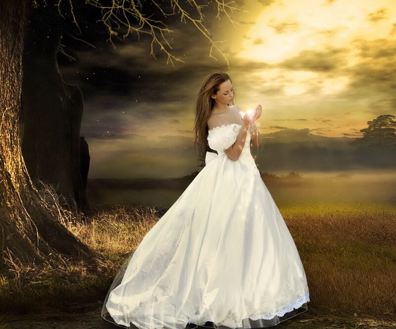 Woman in White Dress — Dramatic, Night, Digital Art, Tree