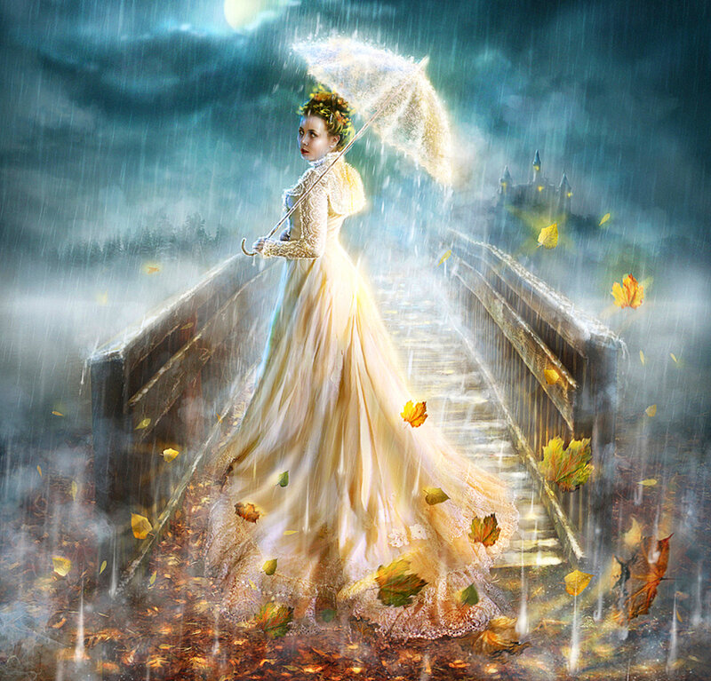 Woman in White Dress — Dramatic, Night, Digital Art, Umbrella, Bridge