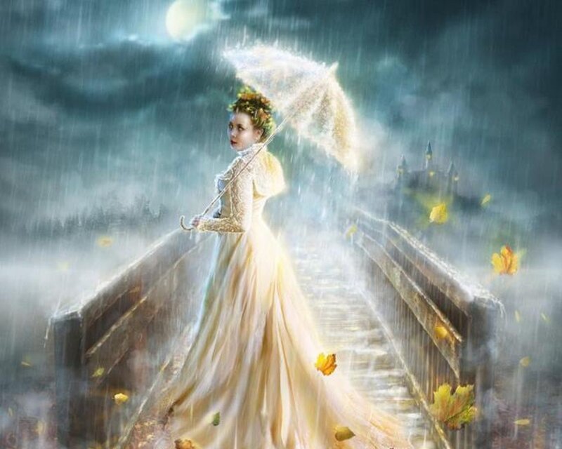 Woman in White Dress — Dramatic, Night, Digital Art, Umbrella
