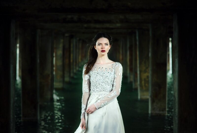 Woman in White Dress — Dramatic, Night, Photograph, Bridge