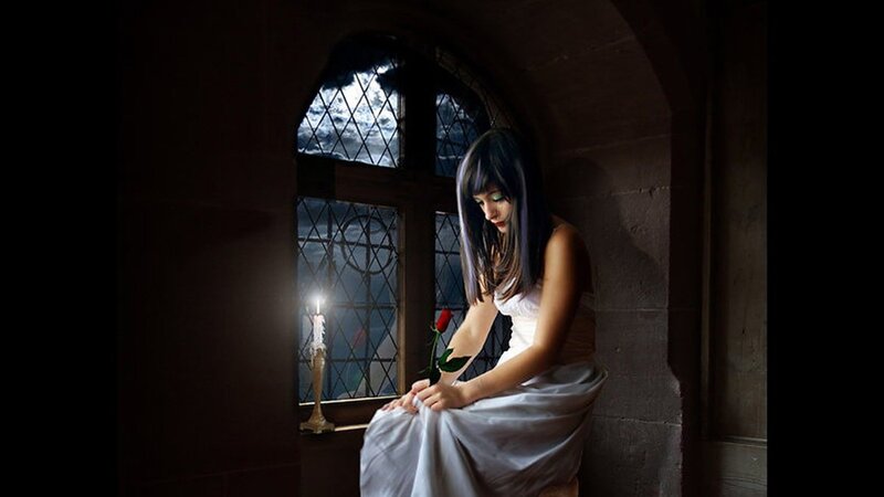 Woman in White Dress — Dramatic, Night, Photograph, Candle, Rose