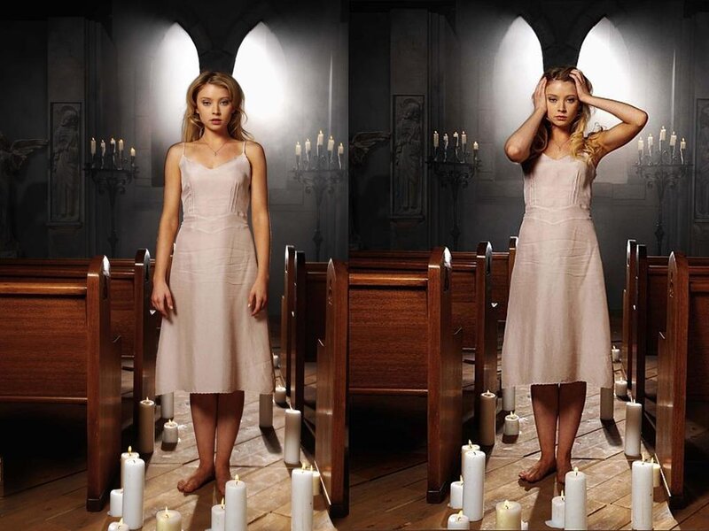 Woman in White Dress — Dramatic, Night, Photograph, Candles