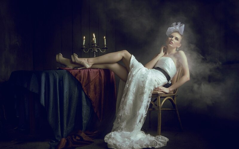 Woman in White Dress — Dramatic, Night, Photograph, Candlestick