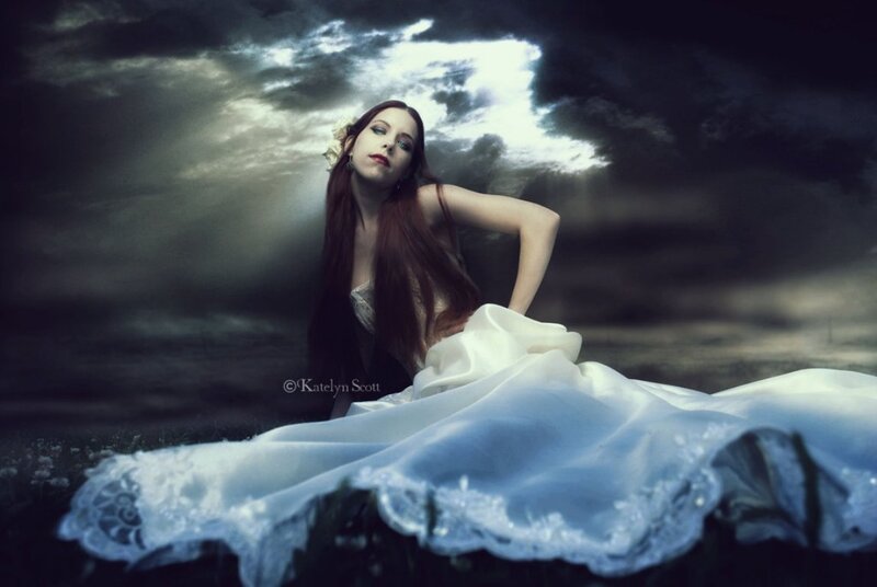 Woman in White Dress — Dramatic, Night, Photograph, Clouds, Field