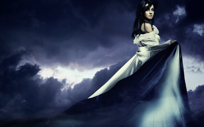 Woman in White Dress — Dramatic, Night, Photograph, Clouds, Sky, Blue, Black