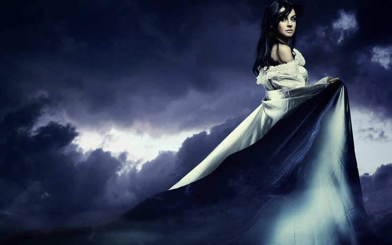 Woman in White Dress — Dramatic, Night, Photograph, Clouds, Sky