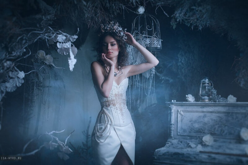 Woman in White Dress — Dramatic, Night, Photograph, Crown, Birdcage