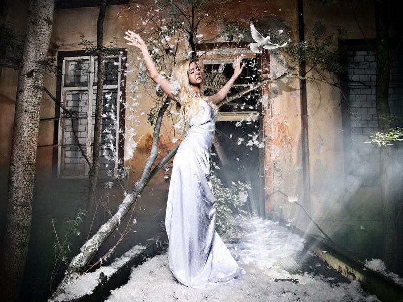 Woman in White Dress — Dramatic, Night, Photograph, Dove