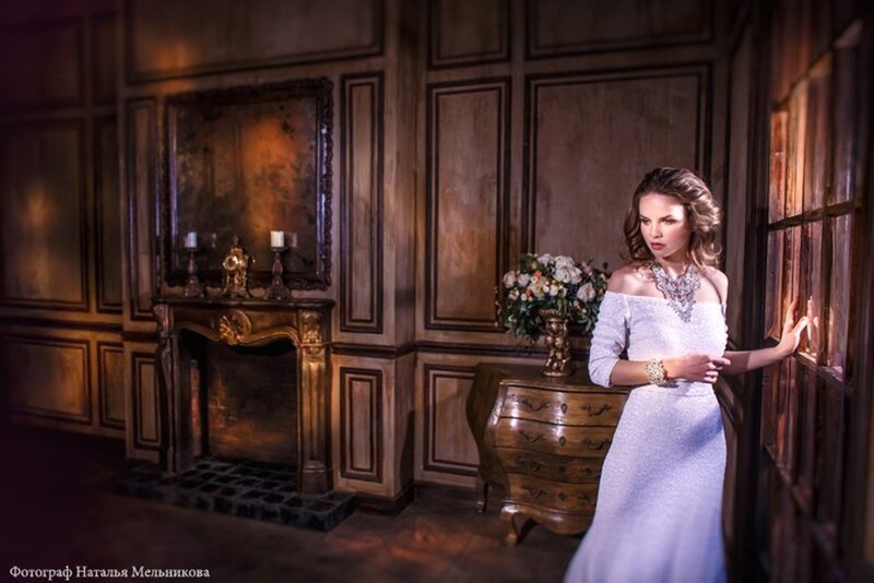 Woman in White Dress — Dramatic, Night, Photograph, Fireplace
