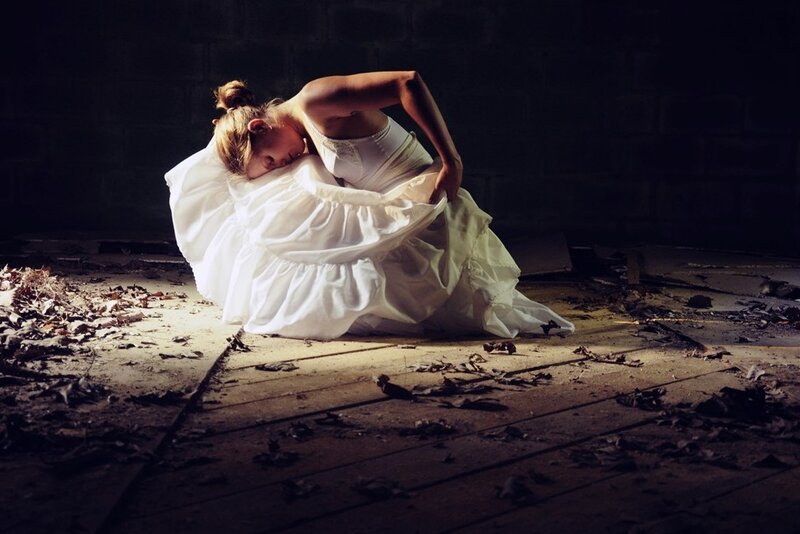 Woman in White Dress — Dramatic, Night, Photograph, Floor