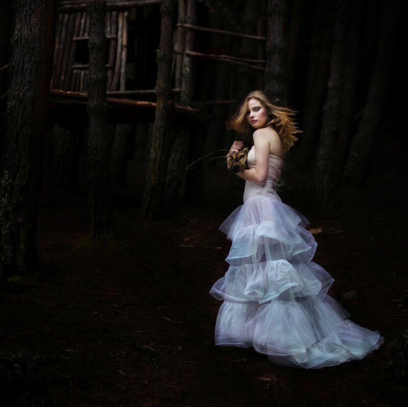 Woman in White Dress — Dramatic, Night, Photograph, Forest, Treehouse