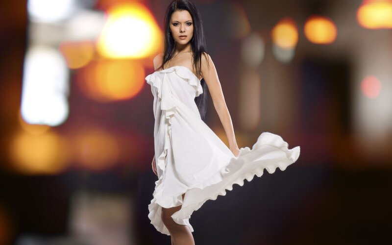 Woman in White Dress — Dramatic, Night, Photograph, Lights, Dark Background