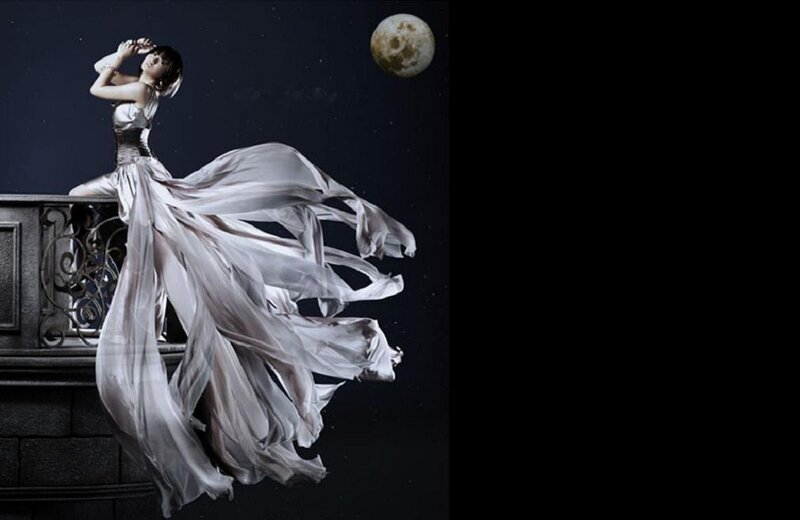 Woman in White Dress — Dramatic, Night, Photograph, Moon