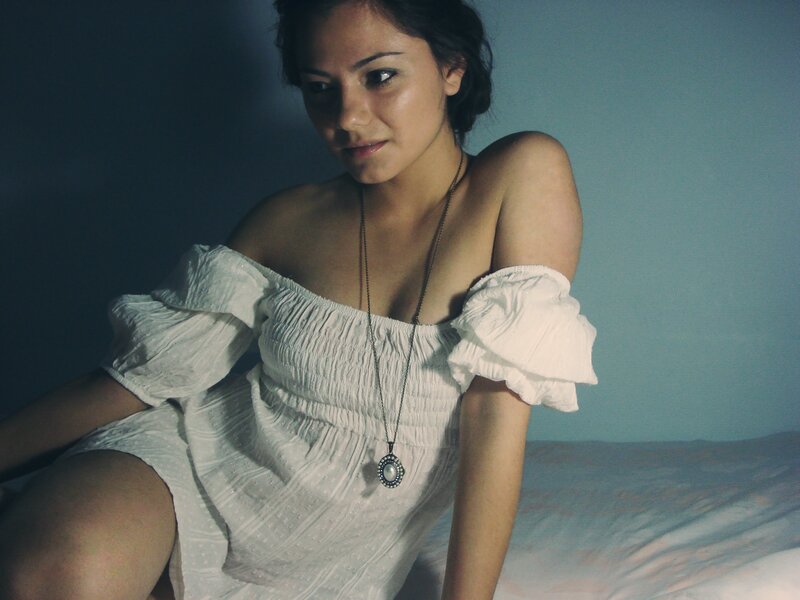 Woman in White Dress — Dramatic, Night, Photograph, Necklace, Bed