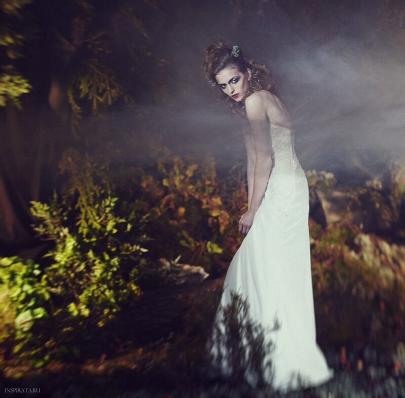 Woman in White Dress — Dramatic, Night, Photograph, Plants