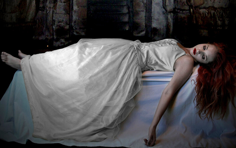 Woman in White Dress — Dramatic, Night, Photograph, Red Hair