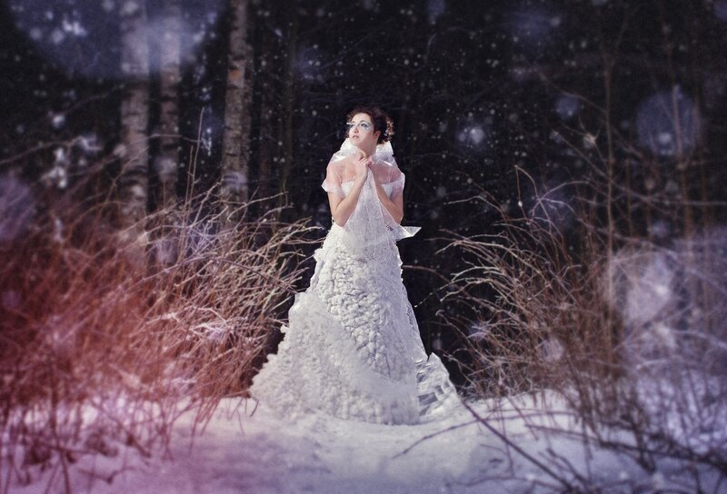 Woman in White Dress — Dramatic, Night, Photograph, Snow