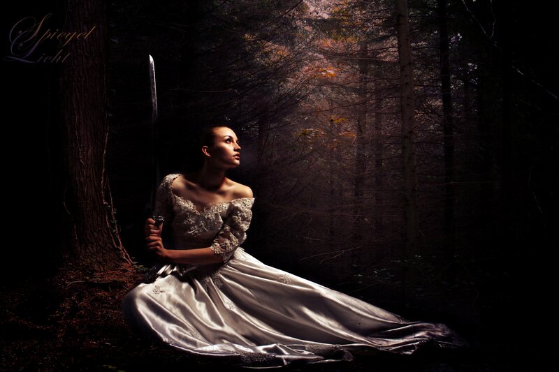 Woman in White Dress — Dramatic, Night, Photograph, Sword