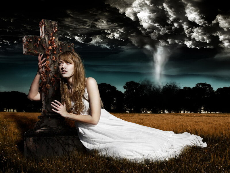 Woman in White Dress — Dramatic, Night, Photograph, Tornado