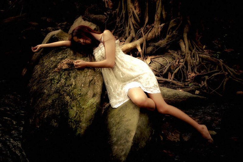 Woman in White Dress — Dramatic, Night, Photograph, Tree Roots